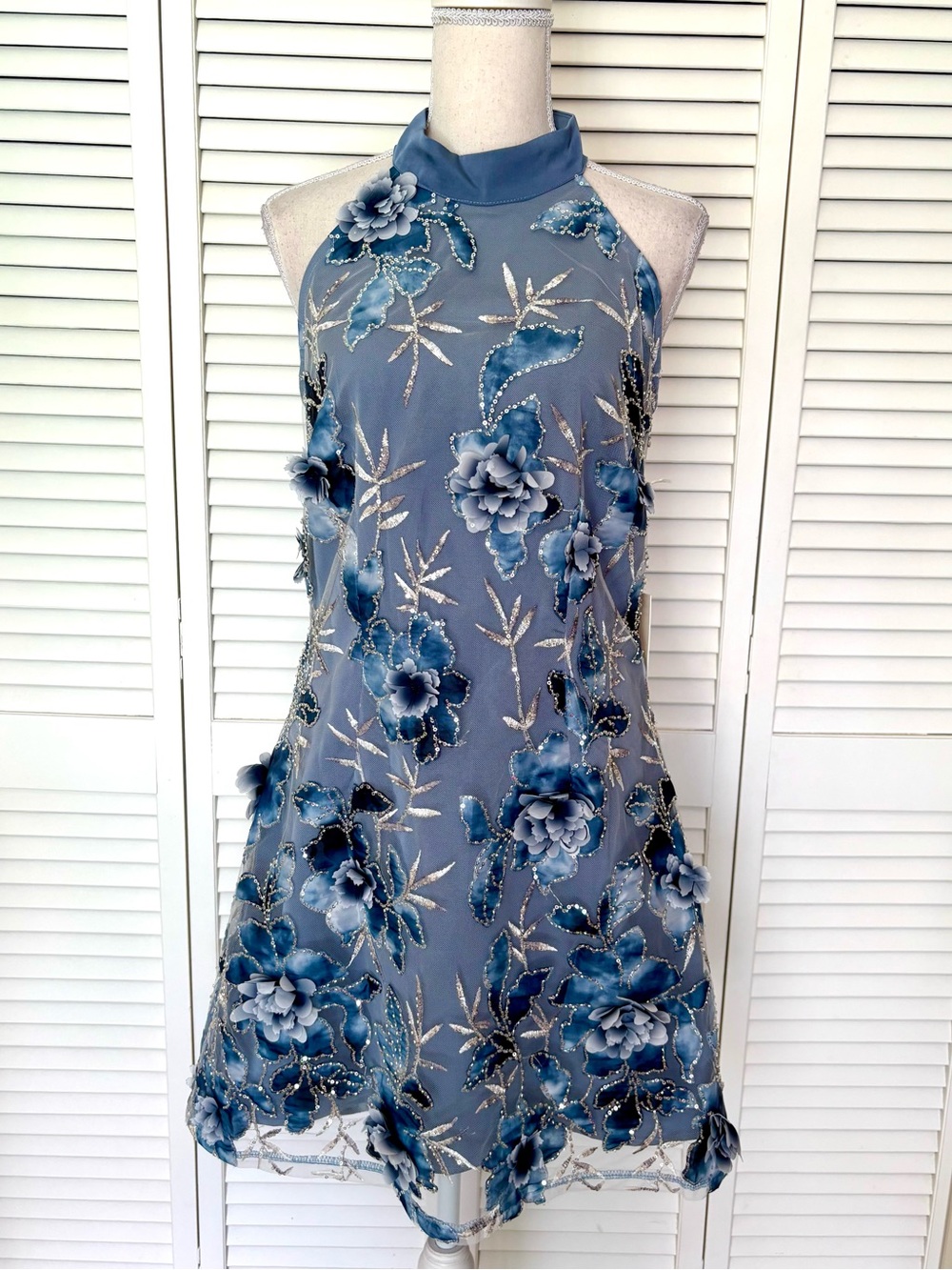 NWT Arose Studio Blue 3D Floral Embellished Beaded Anthro Cocktail Dress Large - Picture 3 of 7